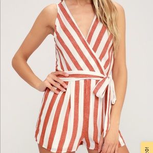 Lulus Pier Pleasure Res & White Striped Romper